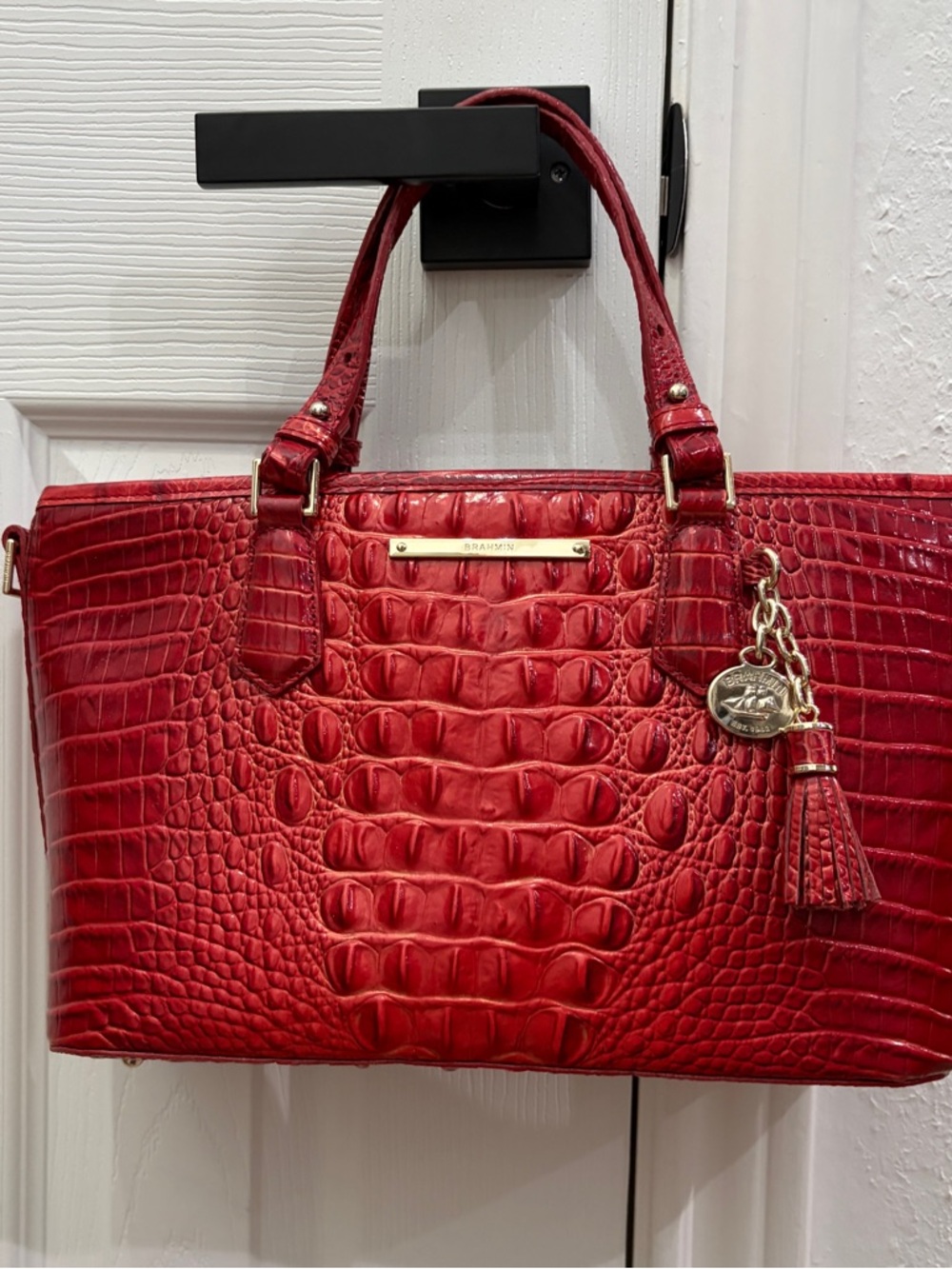 Brahmin Red Croc-Embossed Leather Tote with Tassel Charm